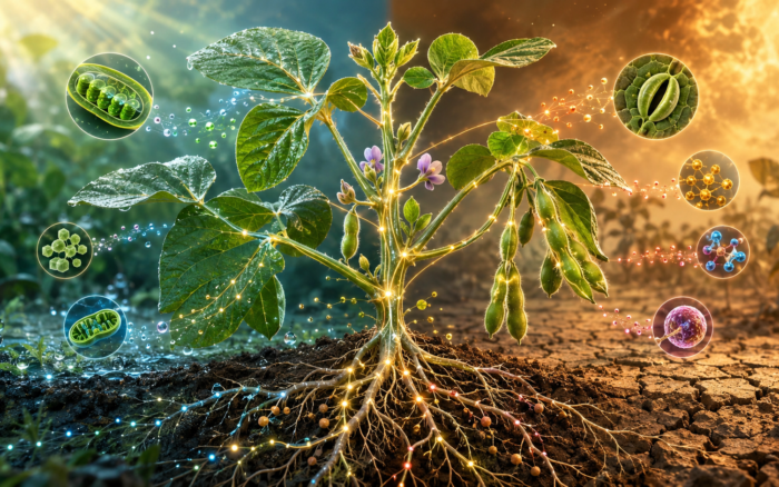 Planta agrícola integrando hormônios, açúcares, energia e sinais de estresse para equilibrar crescimento e adaptação.