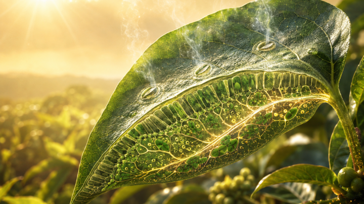 Planta agrícola sob alta demanda evaporativa mostrando fechamento estomático, redução da entrada de CO2 e transporte de açúcares para órgãos dreno.