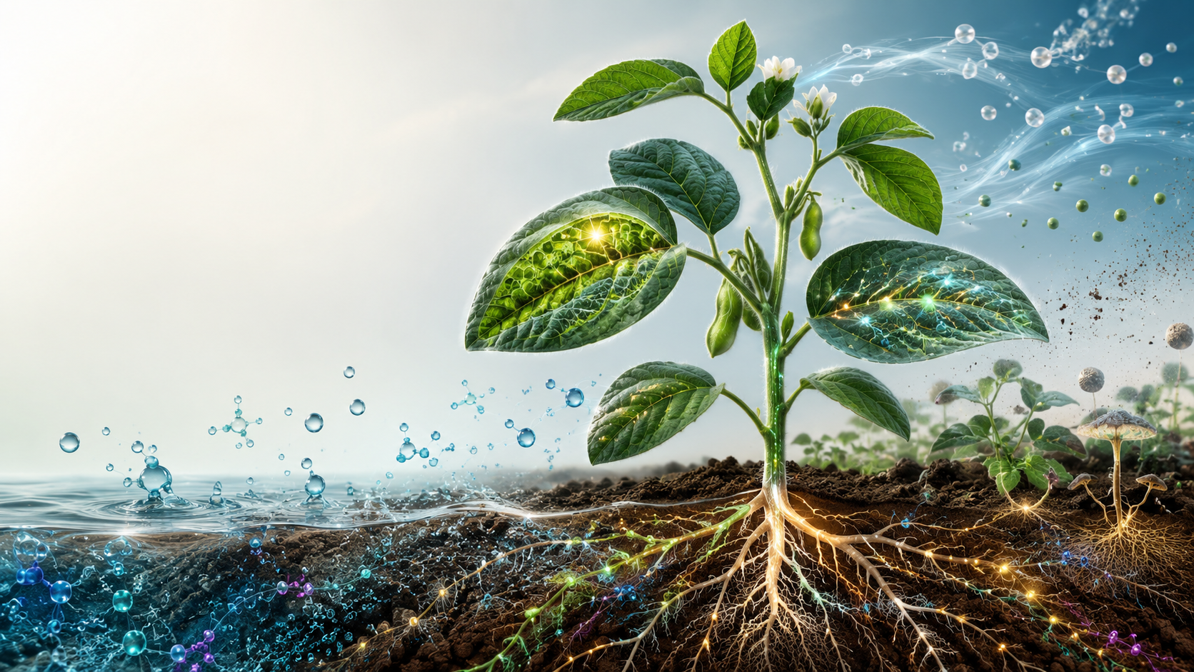 Representação conceitual de elementos essenciais e benéficos interagindo com o metabolismo e o desenvolvimento de uma planta.